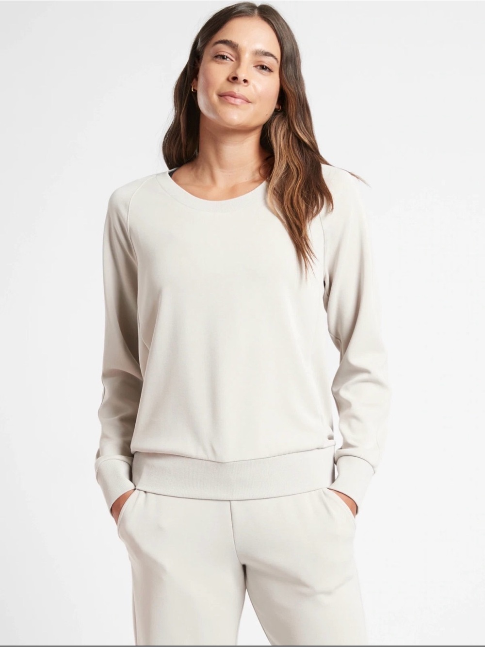 Athleta Seasoft Scoop Neck Sweatshirt & Wide Leg Crop Pants Set Beige